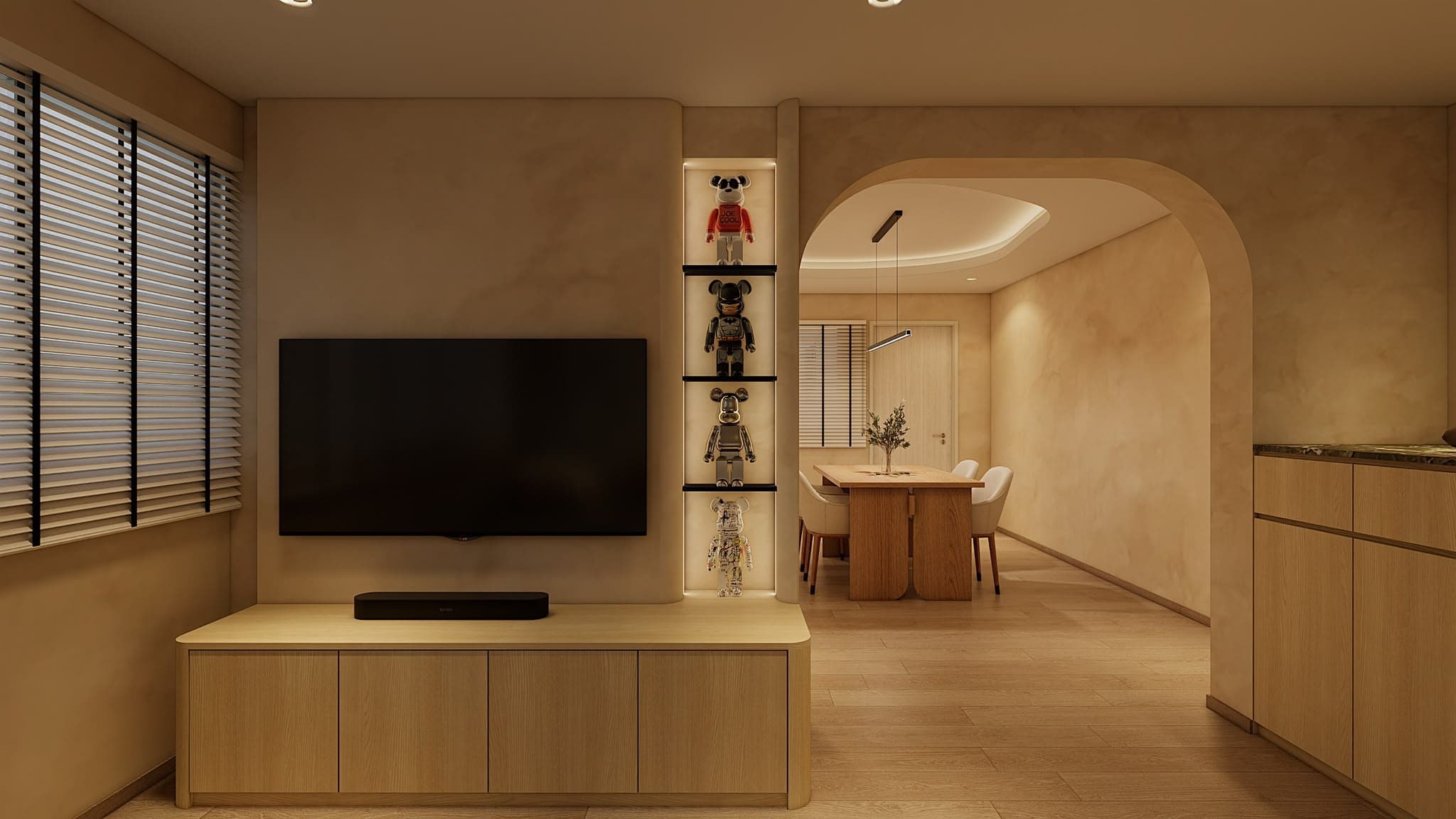 AI-generated HDB renovation concept showing TV joinery beside a curved dining-room opening
