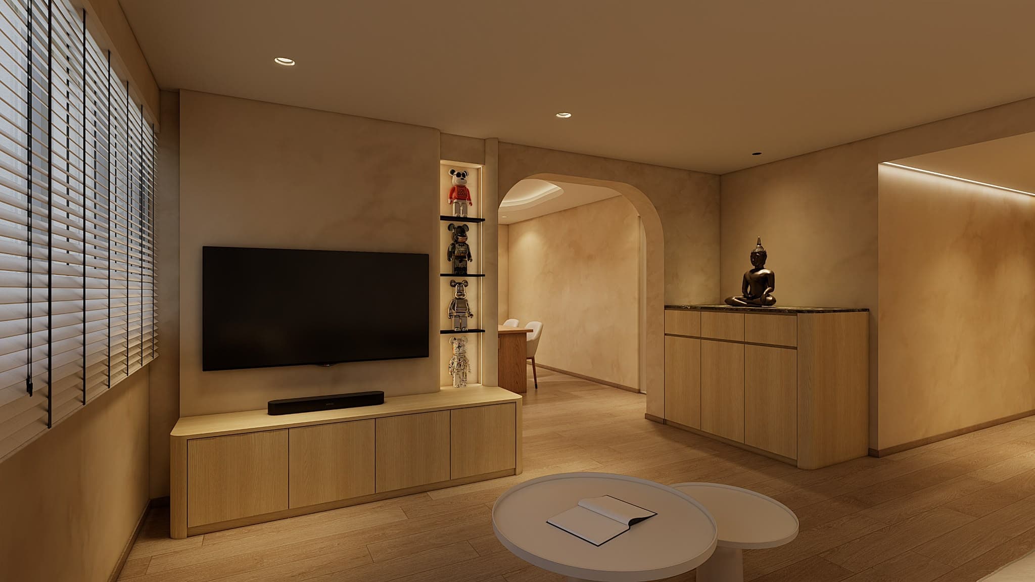 AI-generated HDB renovation concept showing the living room and dining connection