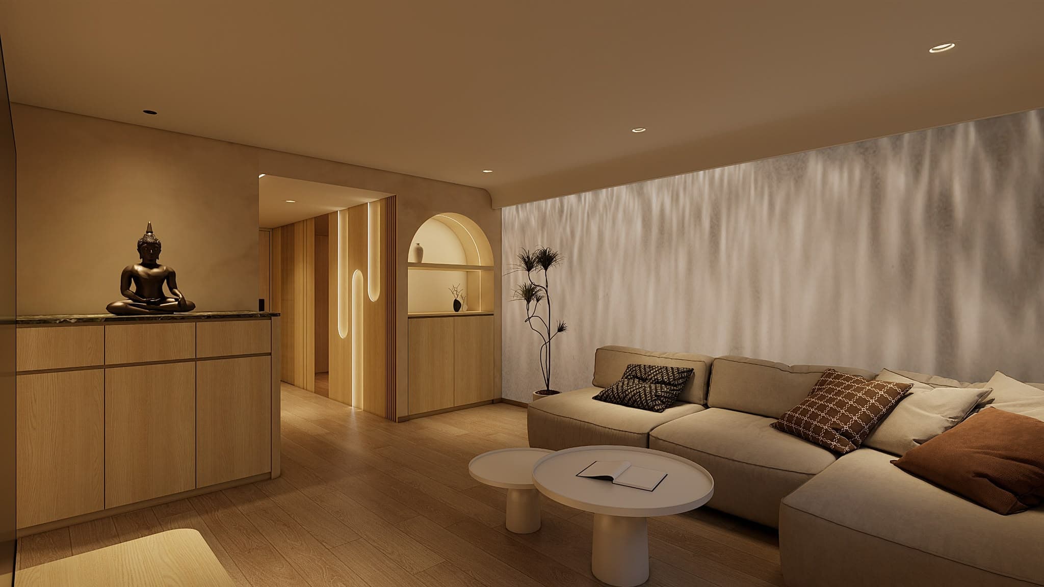 AI-generated HDB renovation concept showing the sofa and softly lit feature wall