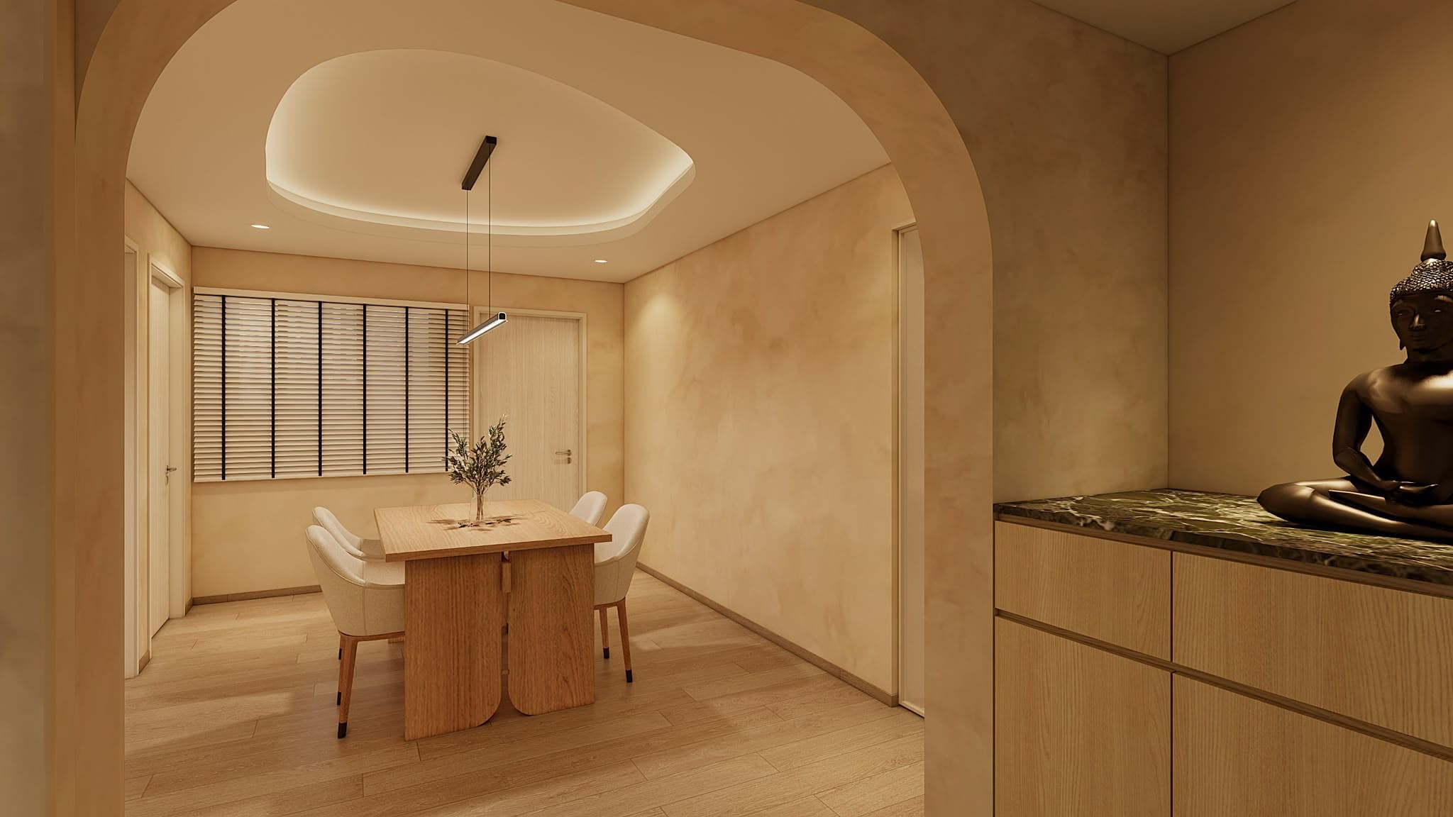 AI-generated HDB renovation concept showing the dining space and curved ceiling