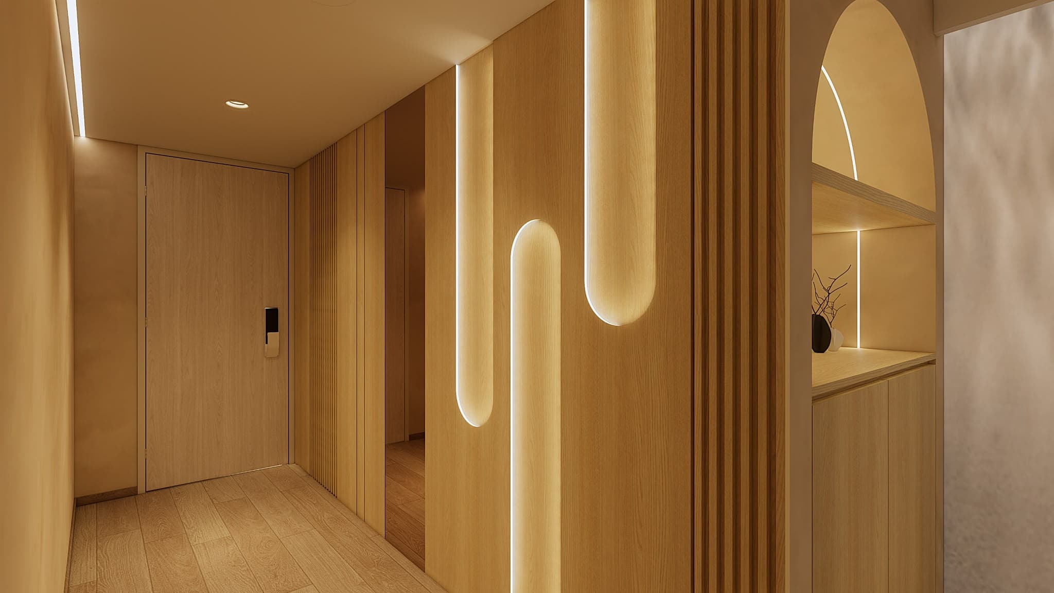 AI-generated HDB renovation concept showing the timber hallway and illuminated wall details