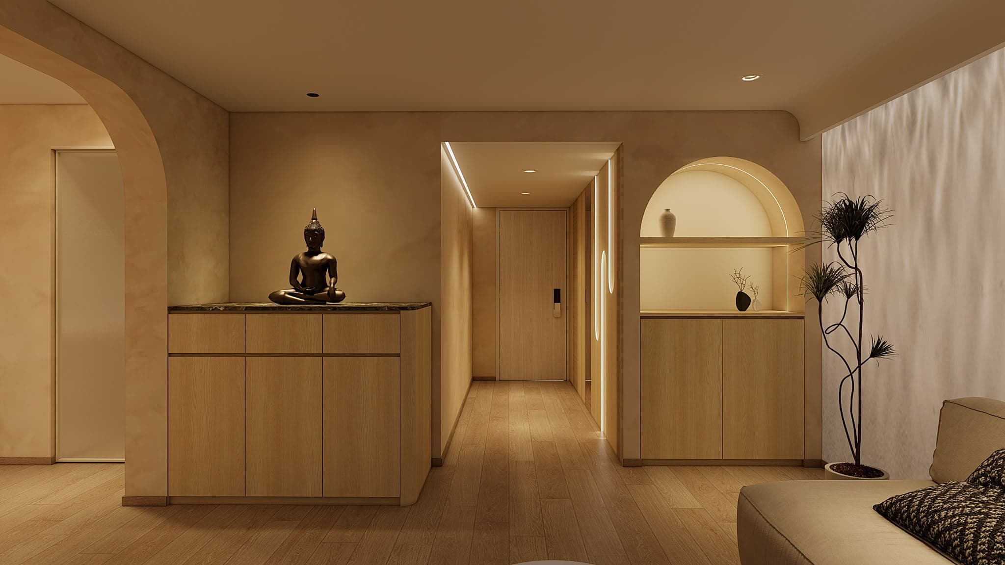 AI-generated HDB renovation concept showing built-in storage and the corridor
