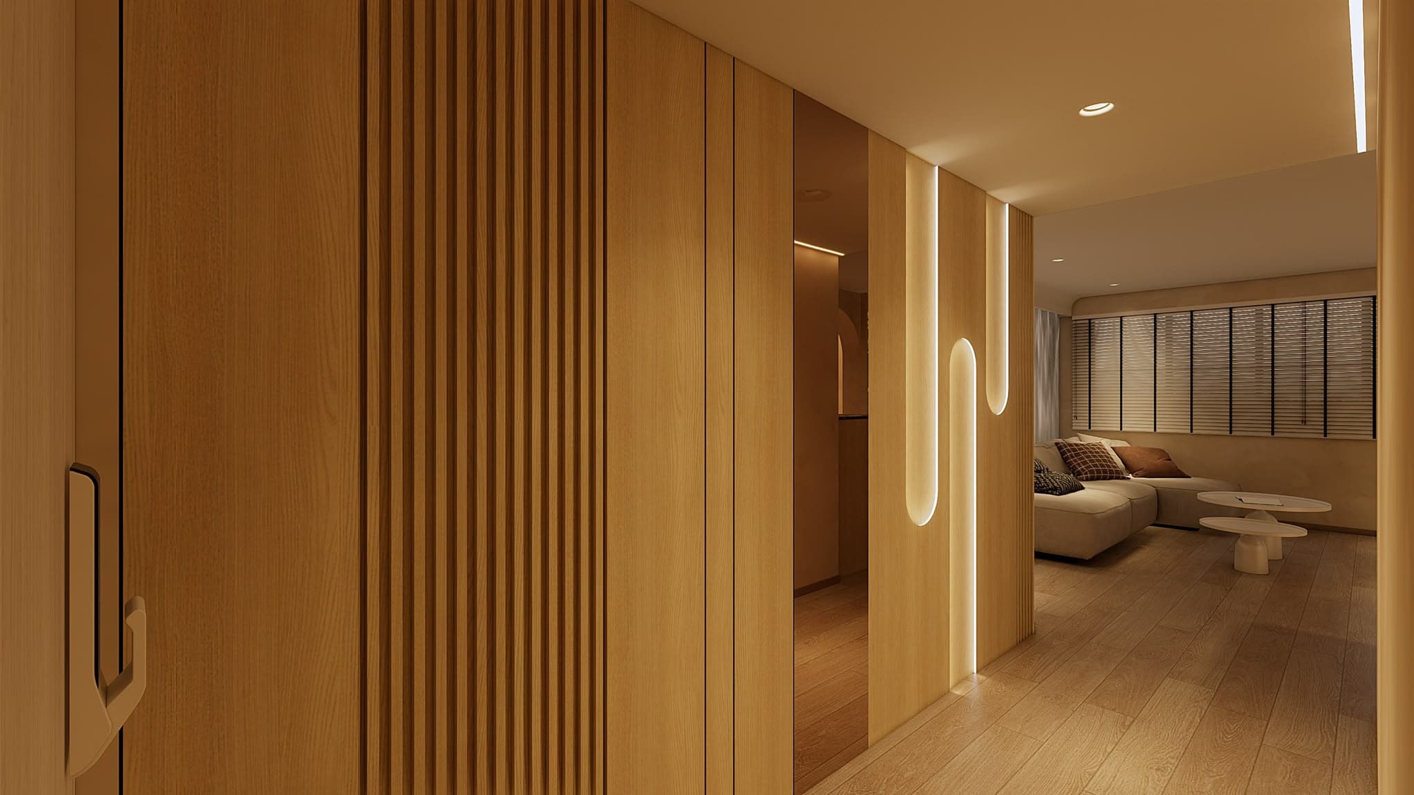 AI-generated HDB renovation concept looking past a timber screen towards the living room