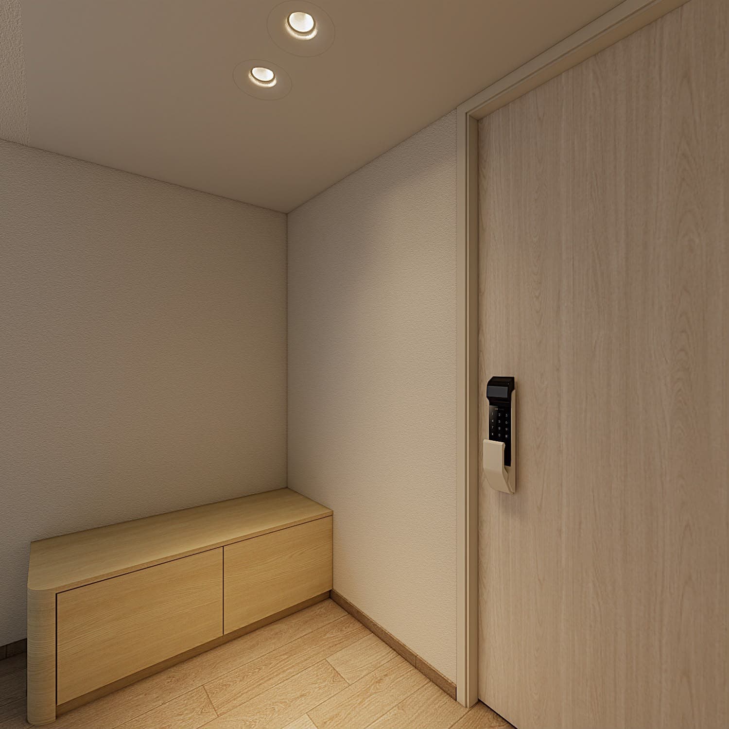 AI-generated HDB renovation concept of the entry bench beside the front door